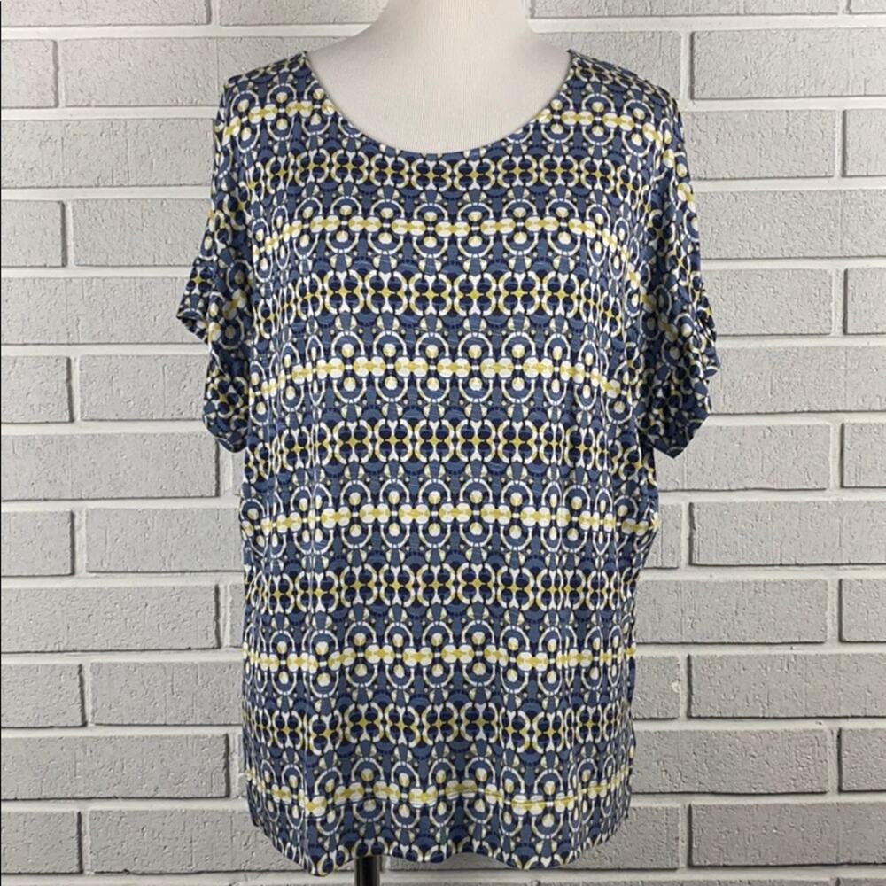 Jones NY Womens Blue & Yellow Short Sleeve Print Top Size Large
